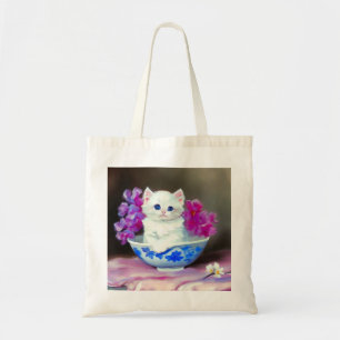 Vintage White Kitten with Pink Flowers Tote Bag