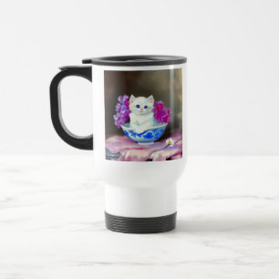 Vintage White Kitten with Pink Flowers Travel Mug