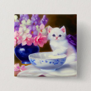 Vintage White Kitten with Purple Ribbon 15 Cm Square Badge