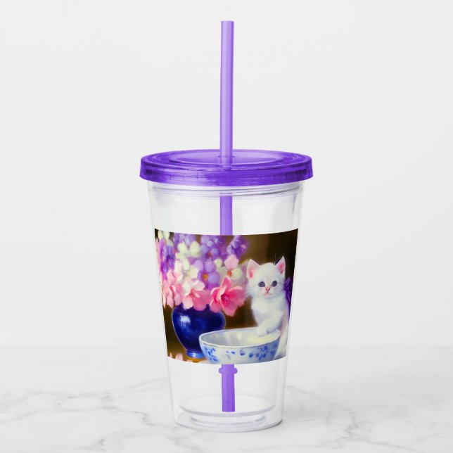 Vintage White Kitten with Purple Ribbon Acrylic Tumbler (Front)