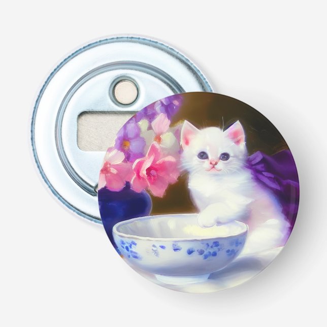 Vintage White Kitten with Purple Ribbon Bottle Opener (Front)