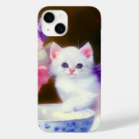 Vintage White Kitten with Purple Ribbon