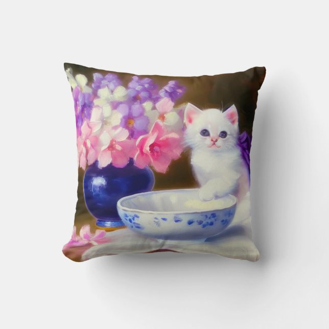 Vintage White Kitten with Purple Ribbon Cushion (Front)