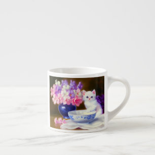 Vintage White Kitten with Purple Ribbon Espresso Cup