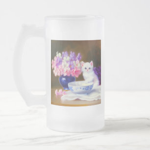 Vintage White Kitten with Purple Ribbon Frosted Glass Beer Mug