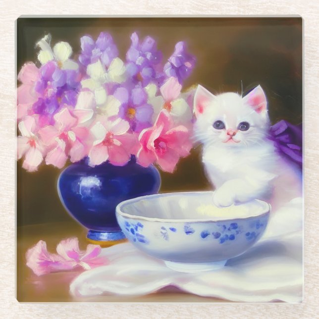 Vintage White Kitten with Purple Ribbon Glass Coaster (Front)