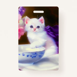 Vintage White Kitten with Purple Ribbon ID Badge