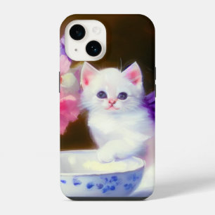 Vintage White Kitten with Purple Ribbon iPhone 14 Case
