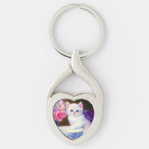 Vintage White Kitten with Purple Ribbon Key Ring