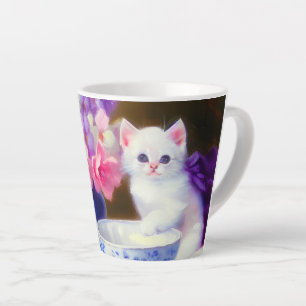 Vintage White Kitten with Purple Ribbon Latte Mug