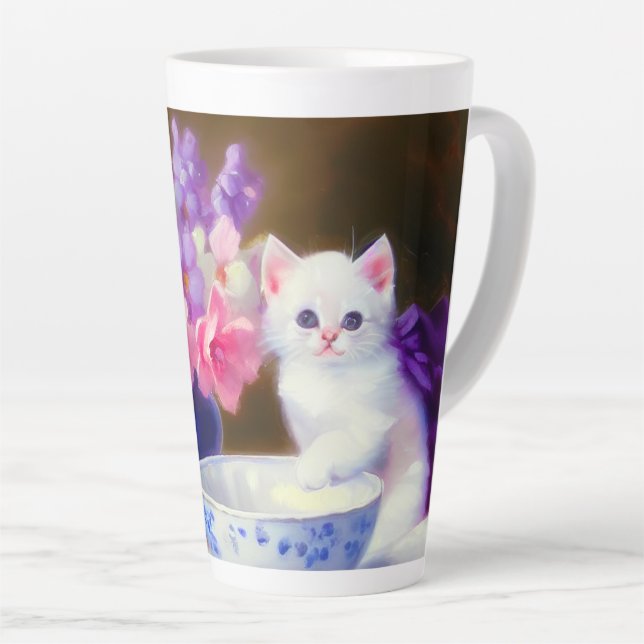 Vintage White Kitten with Purple Ribbon Latte Mug (Right Angle)