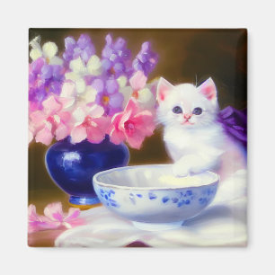 Vintage White Kitten with Purple Ribbon Magnet