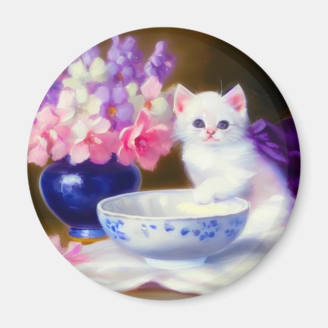 Vintage White Kitten with Purple Ribbon Magnet (Front)