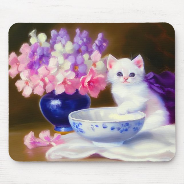 Vintage White Kitten with Purple Ribbon Mouse Mat (Front)