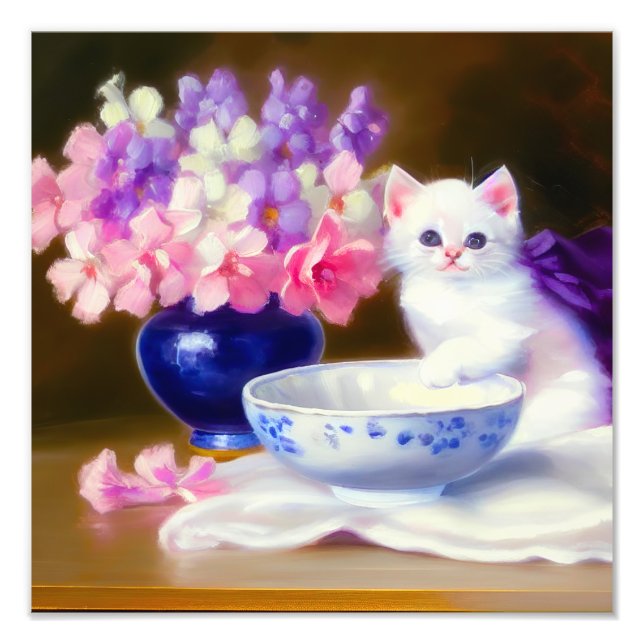 Vintage White Kitten with Purple Ribbon Photo Print (Front)