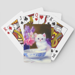 Vintage White Kitten with Purple Ribbon Playing Cards