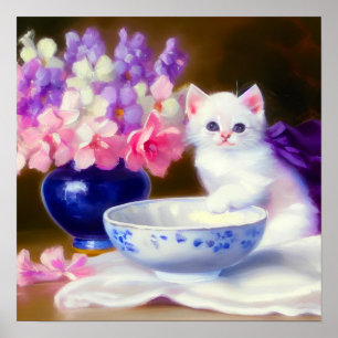 Vintage White Kitten with Purple Ribbon Poster