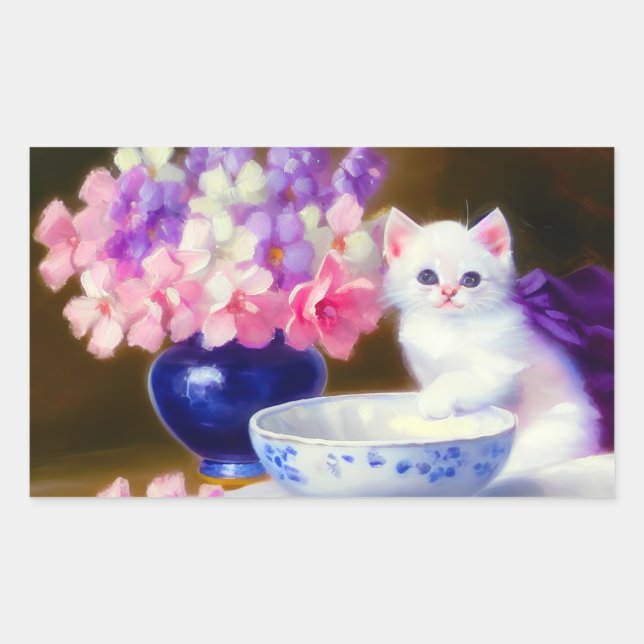Vintage White Kitten with Purple Ribbon Rectangular Sticker (Front)