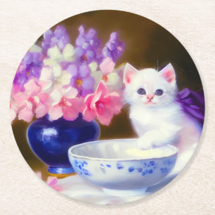 Vintage White Kitten with Purple Ribbon Round Paper Coaster