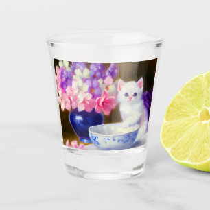 Vintage White Kitten with Purple Ribbon Shot Glass