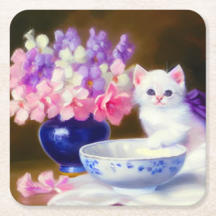 Vintage White Kitten with Purple Ribbon Square Paper Coaster