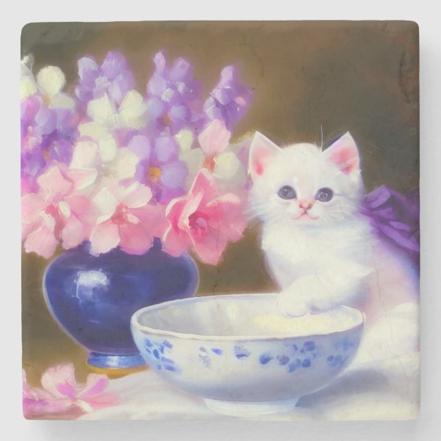 Vintage White Kitten with Purple Ribbon Stone Coaster (Front)