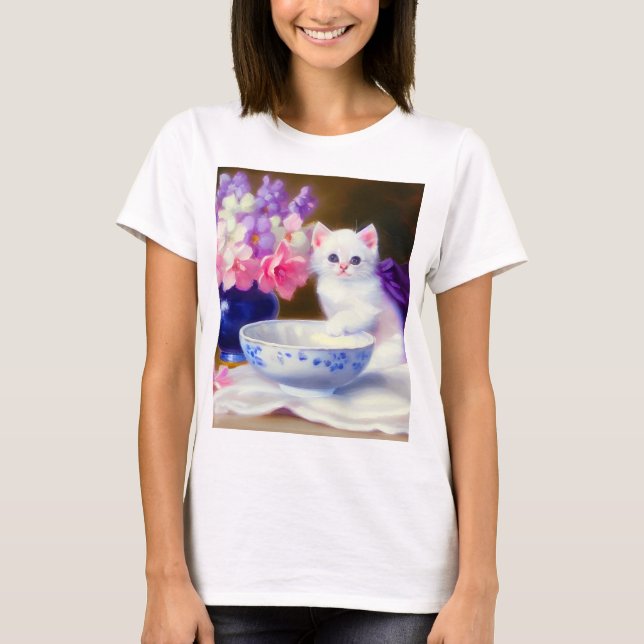 Vintage White Kitten with Purple Ribbon T-Shirt (Front)