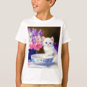 Vintage White Kitten with Purple Ribbon T-Shirt