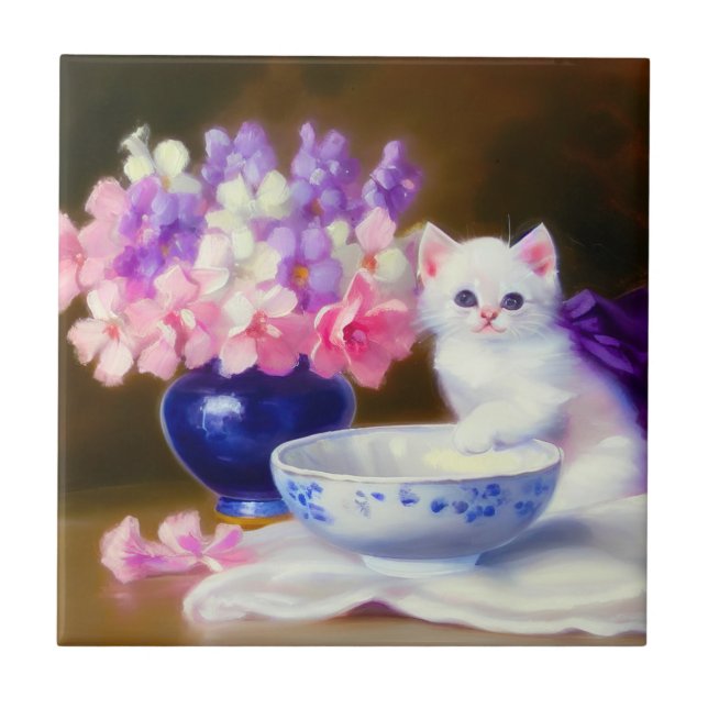 Vintage White Kitten with Purple Ribbon Tile (Front)