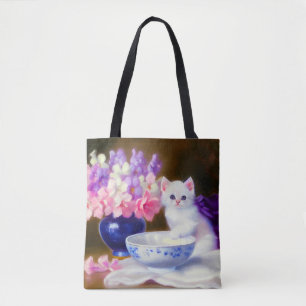 Vintage White Kitten with Purple Ribbon Tote Bag