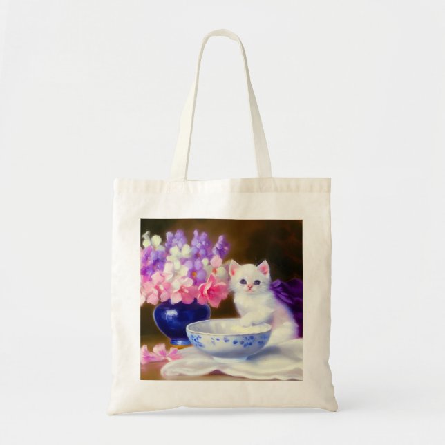 Vintage White Kitten with Purple Ribbon Tote Bag (Front)