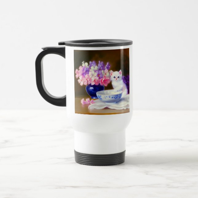 Vintage White Kitten with Purple Ribbon Travel Mug (Left)