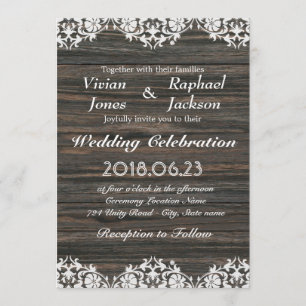 Vintage White Lace and Wood Wedding Invitation
