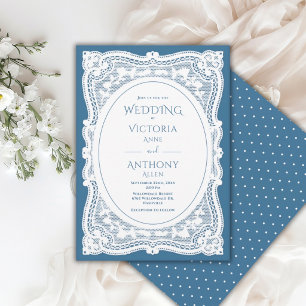 Vintage White Lace Blue Rustic Wedding Invitation