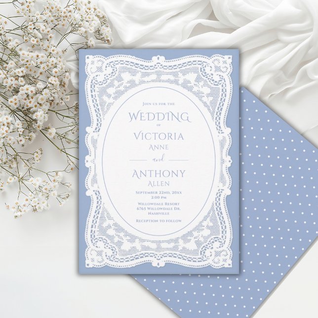 Vintage White Lace Blue Rustic Wedding Invitation (Creator Uploaded)