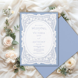 Vintage White Lace Blue Rustic Wedding Invitation