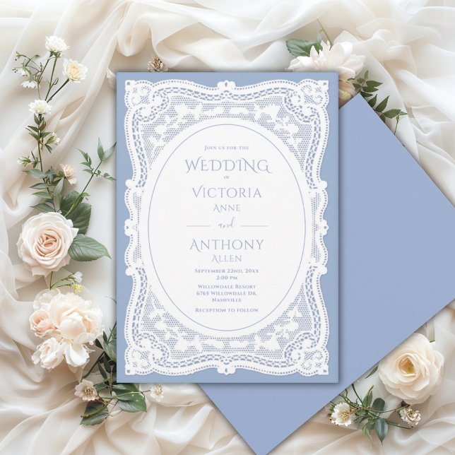 Vintage White Lace Blue Rustic Wedding Invitation (Creator Uploaded)