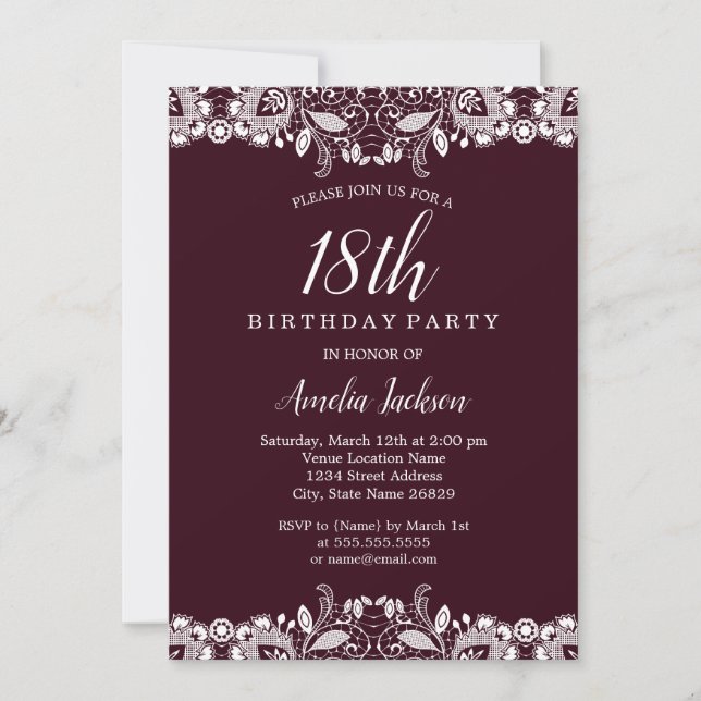 Vintage White Lace Burgundy 18th Birthday Party Invitation (Front)