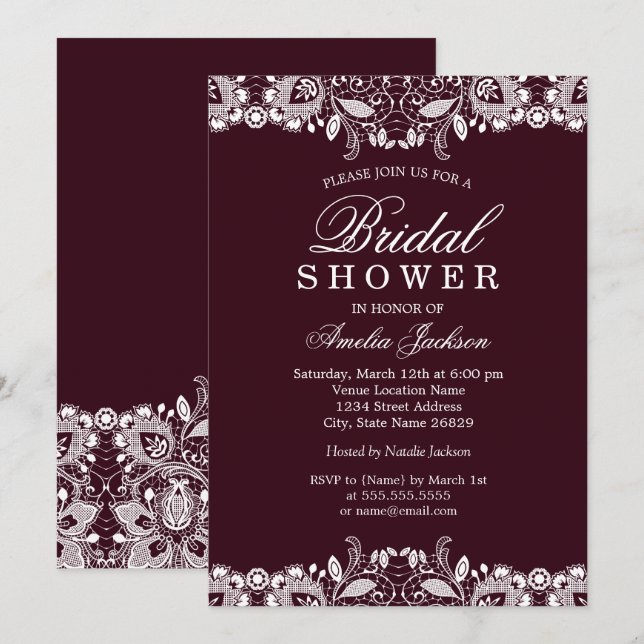 Vintage White Lace Burgundy Bridal Shower Invitation (Front/Back)