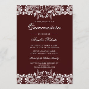 Vintage White Lace Burgundy Quinceanera Invitation