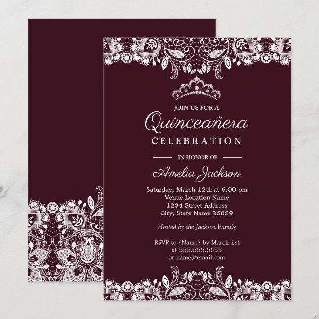 Vintage White Lace Burgundy Quinceanera Invitation (Front/Back)