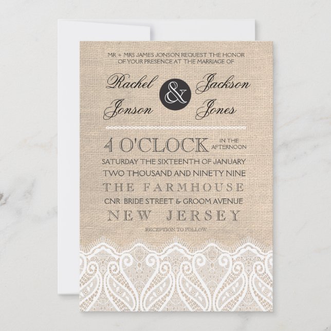 Vintage White Lace & Burlap Wedding Invitation (Front)