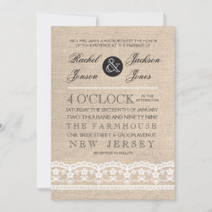Vintage White Lace & Burlap Wedding Invitation