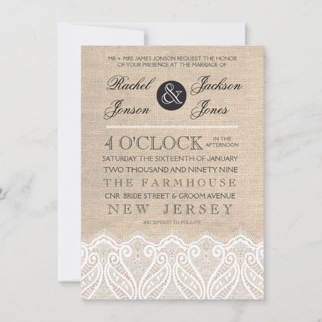 Vintage White Lace & Burlap Wedding Invitation (Front)
