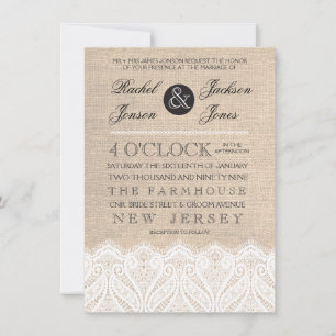 Vintage White Lace & Burlap Wedding Invitation