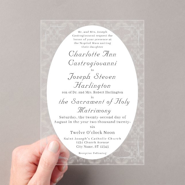 Vintage White Lace Catholic Wedding Acrylic Invitations (Insitu (Handheld))