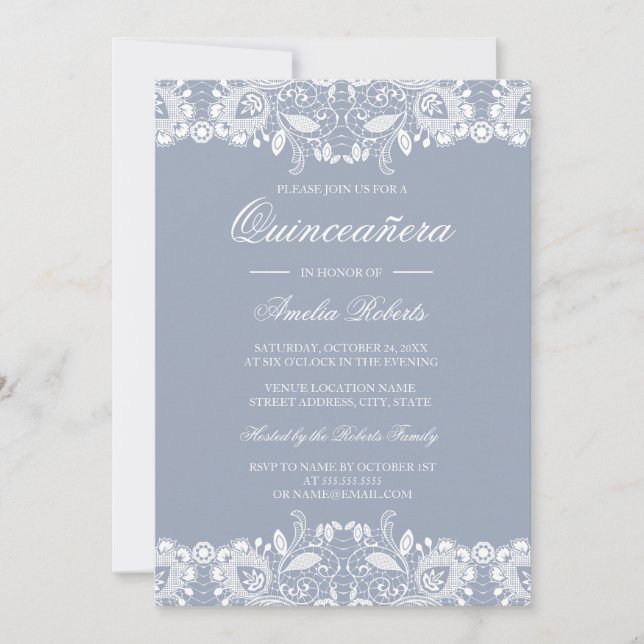 Vintage White Lace Dusty Blue Quinceanera Invite (Front)