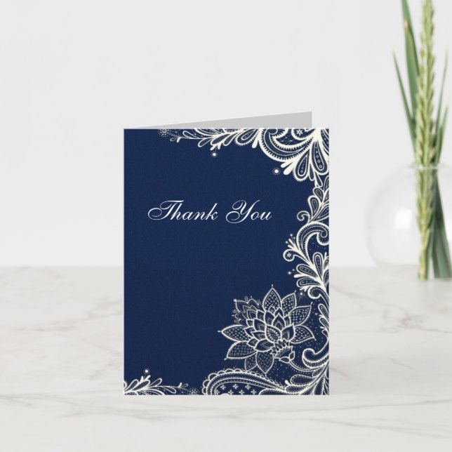 vintage white lace  navy blue wedding thank you (Front)