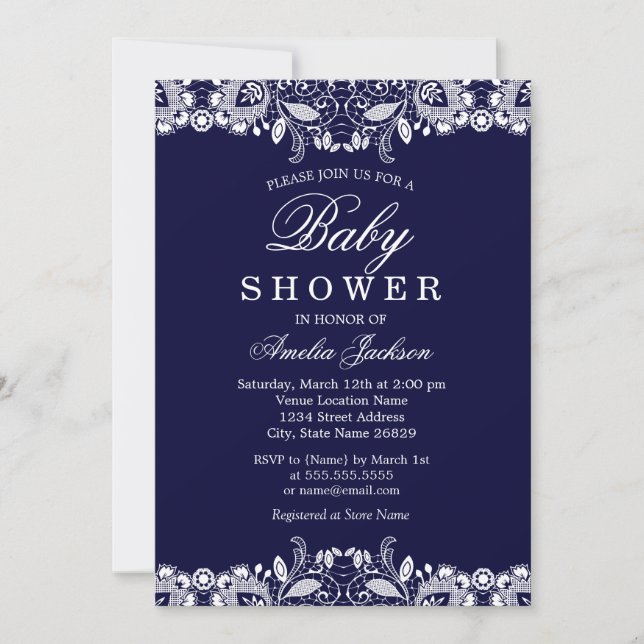 Vintage White Lace Navy Boy Baby Shower Invitation (Front)