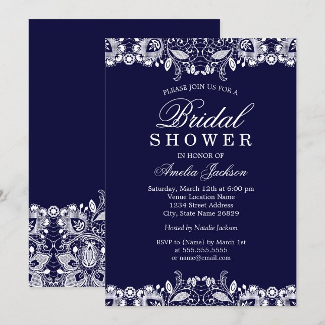 Vintage White Lace Navy Bridal Shower Invitation (Front/Back)